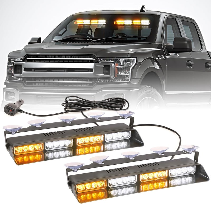 PKINGLAKE 2 in 1 LED Emergency Dash Strobe Light Bar Front/Rear Windshield Safety Flashing Warning Hazard Interior Lights for Police Firefighter Construction Vehicles Trucks (2x14 inch, Amber/White) - Image 1